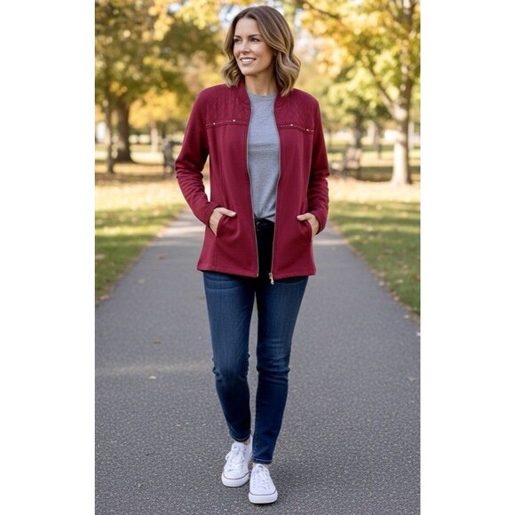 Women’s Casual Red Jacket Quilted Yoke Stud Embellished Lightweight Athleisure L - Picture 2 of 9